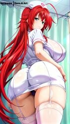 1girls ai_generated ass_focus back_view big_ass big_breasts dans_ai female high_school_dxd hospital huge_breasts large_breasts nurse red_hair rias_gremory seductive_smile voluptuous