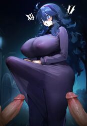 1futa 2boys ai_generated bare_thighs big_penis blue_eyes blush bulge bulge_through_clothing erect_penis futanari game_freak gigantic_breasts gigantic_penis gomzai hairband hex_maniac huge_breasts huge_cock huge_thighs light-skinned_female light_skin long_dress long_hair massive_breasts nintendo penis pokemon pokemon_xy purple_hair squatting sweat sweatdrop thick_body thick_female thick_thighs thighs veiny_penis very_long_hair voluptuous voluptuous_female