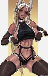 athletic_female big_breasts black_skin boku_no_hero_academia breasts bunny_ears bunny_girl female female_only legs maid_uniform massive_breasts miruko my_hero_academia red_eyes squeezing squeezing_breast stopu thick_thighs thighhighs tongue tongue_out usagiyama_rumi white_hair