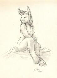 2015 anatomically_correct anatomically_correct_pussy anthro breasts claws cloth female hair lagomorph mammal nipples nude pencil_(artwork) pussy scale_(artist) shaded simple_background sitting smile solo traditional_media_(artwork)