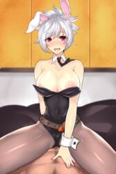 1boy 1girls battle_bunny_riven big_breasts blush breasts bunny_ears bunny_girl bunnysuit cleavage cowgirl_position error_dot female highres large_breasts league_of_legends looking_at_viewer male nipples open_mouth pantyhose pov riven sex solo_focus spread_legs vaginal_penetration white_hair