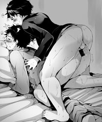 2boys anal ass bed blush bottomless cum cumdrip e_(remix99) happy_sex male monochrome multiple_boys naughty_face pillow school_uniform sex smile sweat thrusting yaoi