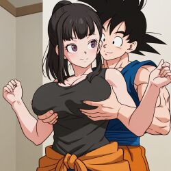 1boy1girl ai_generated black_top breast cheating_husband couple crossover dragon_ball dragon_ball_super dragon_ball_z enen_no_shouboutai excited fire_force goku grabbing_breasts groping_breast horny_female horny_male indoors large_breasts maki_oze muscular_female netorare ntr oze_maki smile son_goku unfaithful upper_body