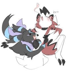 2girls alternate_color animal_genitalia animal_pussy anus black_fur blush canine canine_pussy claws eeveelution female female_only feral fur furry hair heart hexeix interspecies lycanroc mammal midnight_lycanroc multicolored_fur nintendo open_mouth original_character paws pokémon_(species) pokemon pokemon_gsc pokemon_sm purple_eyes pussy red_fur shiny_pokemon simple_background solo spoken_heart spreading text umbreon video_games white_fur yuri