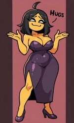 4_fingers ai_generated alternate_costume black_hair busty curvy eyeshadow full_body fully_clothed large_breasts looking_at_viewer nene newgrounds no_pupils pixai purple_dress purple_heels shoulder_length_hair shrug smug text white_eyes yellow_skin