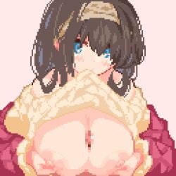 1boy 1girls animated big_breasts black_hair blue_eyes breasts breasts_out clothed cute momiahair nipples paizuri paizuri_lead_by_female penis pixel_art squeezing_breast sweet unseen_male_face upper_body