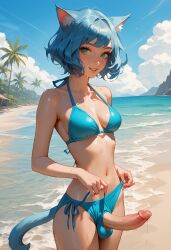 1futa ai_generated beach bikini blue_hair breasts catgirl female futa_only futanari large_penis solo