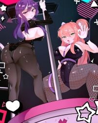 2girls ass big_breasts breasts brown_hair bunnysuit dancer dancing doki_doki_literature_club female green_eyes holding_pole hoshoidk leotard looking_at_viewer monika_(doki_doki_literature_club) playboy_bunny pole pole_dancer pole_dancing ponytail ponytails purple_eyes purple_hair tagme thick_thighs thighs white-skinned_female white_skin yuri_(doki_doki_literature_club)