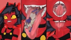 anthro bodily_fluids covered_in_saliva duo extreme_size_difference female female/female female_prey furryary helluva_boss hi_res human mammal micro millie_(helluva_boss) mount_lady mt._lady my_hero_academia oral_vore saliva sharp_teeth size_difference teeth tongue tongue_out vore