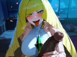 ai_generated bedroom big_breasts blonde_hair city_background cityscape classy classy_female cougar cougar_milf dark-skinned_male gintoai interracial lusamine_(pokemon) milf pokemon rich rich_girl sex straight straight_sex window