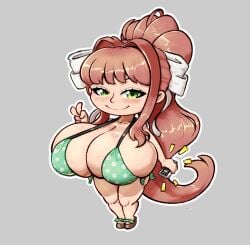 1girls 2025 anime_style artist_logo big_breasts bikini breasts breasts_bigger_than_head brown_hair cleavage color doki_doki_literature_club female female_only green_bikini green_eyes huge_breasts human human_only large_breasts looking_at_viewer monika_(doki_doki_literature_club) overflowing_breasts peace_sign ponytail red_eclipse sandals shortstack simple_background smile smiling smiling_at_viewer smirk smirking_at_viewer solo solo_female white_bow