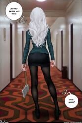 aroma_sensei back_view black_skirt disney elsa_(frozen) female female frozen_(film) green_sweater hallway mini_skirt office_lady pantyhose patreon_username platinum_blonde_hair the_shining tight_clothing tight_fit tight_skirt white_hair