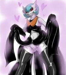 artist_request black_legwear blue_hair boots dress_lift female female_only gardevoir grin heart heart-shaped_pupils legs_apart lifted_by_self mega-gardevoir mega_evolution mega_gardevoir navel no_humans pokemon pokemon_(species) pokemon_rse purple_background pussy pussy_juice pussy_juice_drip red_eyes shiny shiny_pokemon short_hair simple_background solo teeth thighhighs uncensored