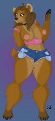 absurd_res anthro bear big_breasts black_nose bodily_fluids bottomwear breasts brown_bear brown_body brown_eyes brown_fur brown_hair camel_toe claws clothing collar crop_top denim denim_bottomwear denim_clothing denim_shorts exposed exposed_breasts eyelashes female finger_claws fur genital_fluids gradient_background grizzly_bear hair hi_res hotpants jeans mammal markings mole_(marking) nipple_fetish nipples pants pink_nipples pockets shirt shorts simple_background solo tail thick_thighs toe_claws topwear uillith ursine vaginal_fluids wedgie wet wet_body wet_clothing wide_hips