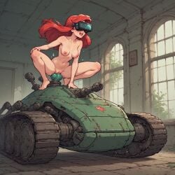 abandoned_building ai_generated ariel ariel_(the_little_mermaid) breasts crouching dildo_in_pussy ghost_in_the_shell hair headgear machine naked nipples open_mouth penetration sex slutty_female tanktop the_little_mermaid wet