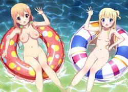 2girls areolae blonde_hair blue_eyes blush breasts brown_eyes brown_hair hiiragi_mayuki hinako_note innertube long_hair looking_at_viewer medium_breasts multiple_girls navel nipples nude nyantype open_mouth pussy sakuragi_hinako sitting small_breasts smile