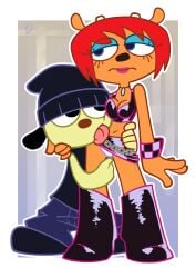 1boy 1boy1girl 1girls 2025 2d 2d_(artwork) accurate_art_style animal_ears anthro baggy_pants beanie black_shirt boots chains cleavage furry hand_on_leg hand_on_waist lammy_lamb licking_body lipstick midriff necklace no_sex panties parappa parappa_the_rapper red_hair redhead_female roger_bacon streetwear um_jammer_lammy white_panties wristwear