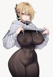 ai_generated blonde_hair evelyn_chevalier hourglass_figure huge_breasts looking_at_viewer massive_breasts pale-skinned_female pale_skin pantyhose perfect_body see-through_clothing showing_breasts showing_off shy skin_tight solo truck_kun wide_hips zenless_zone_zero