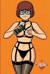 ai_generated bdsm_gear bdsm_outfit cupless_bra dominant dominatrix dummy_thicc fashion feet fetish fetish_wear food food_fetish food_play foot_fetish glasses harness lingerie monster monster_energy monster_energy_drink nylon_stockings nylons scooby-doo sheer_clothing stockings thicc thick_thighs topless topless_female velma_dinkley wet wet_body wet_clothes wet_legs wet_stockings