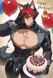 abs ai_generated balloon big_ass big_breasts big_bulge big_pecs birthday birthday_cake birthday_gift black_hair bulge cake candle dog_ears dog_tail fellatio fellatio_gesture happy_birthday komano_manato komano_manato_(zenless_zone_zero) male male_focus male_only multicolored_hair nipples nipples_visible_through_clothing pecs pectorals red_eyes red_hair tight_clothing ventvert4 zenless_zone_zero