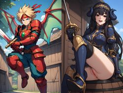 1boy 1girls ai_generated anus coach dart_feld dragoon exposed_pussy female no_panties pubic_hair rose_(dragoon) the_legend_of_dragoon training transformation urbanflair