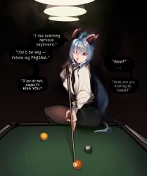 adult ahoge anime_style ball billiards black_stockings blue_hair blurpy cleavage_hint clothed_female confident_female cue_stick dark_background digital_art dim_lighting dominant_female dramatic_lighting ecchi english_text erotic_tension fantasy_girl female flirty formal_clothes fully_clothed game_setting ganyu_(genshin_impact) genshin_impact hair_ornament half_lidded_eyes holding_cue horns illustration implied_romance implied_seduction indoor intimate intimate_atmosphere leaning_forward long_hair moody necktie no_ai no_nudity no_sex office_lady oni_girl pool_table provocative_pose questionable red_eyes romantic_lighting safe_for_rule34 seductive sheer_stockings short_skirt sitting small_horns soft_expression solo speech_bubble spotlight suggestive suggestive_pose table tagme teacher_vibes tease_pose teasing teasing_dialogue thighs tie tight_clothes unbuttoned_shirt white_shirt 誘惑