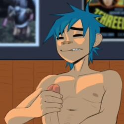 1boy 2d_(gorillaz) big_penis biting_lip biting_own_lip black_eyes blue_hair edit erect_penis erection gay gay_male gorillaz hollow_eyes letterbox light-skinned_male light_skin longer_than_10_seconds male male_focus male_only masturbation mefjeff oolay-tiger penis penis_out shorter_than_30_seconds sitting skinny sound_edit tagme toony_face video