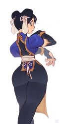 1girls asian asian_female ass back_view black_hair capcom chun-li crossed_legs facing_away female female_focus female_only foresttherotten fully_clothed hair_bun hair_ribbon looking_back_at_viewer painted_nails solo solo_female solo_focus street_fighter thick_ass thick_thighs video_game_character white_background
