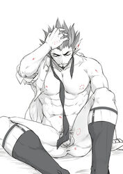 1boy 1male abs anus aragawa_no_aruji bara beard bottomless cachic facial_hair flaccid gay male male_focus male_only muscle necktie onmyoji penis pointy_ears sitting socks solo solo_male testicles