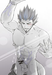 1boy abs aragawa_no_aruji bar_censor beard cachic censored cum erection facial_hair male male_focus male_only muscle nipple_piercing nipples onmyoji penis pointy_ears solo solo_male