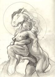 2011 anatomically_correct anatomically_correct_penis animal_genitalia animal_penis anthro anthro_on_feral balls breasts closed_eyes duo equine equine_penis erection exposed_breasts female feral greyscale hair hooves horse horsecock long_hair male mammal mane monochrome nimbus nipples nude pencil_(artwork) penis prancing pussy realistic scale_(artist) sex shaded sheath simple_background smile stand_and_carry_position standing straight traditional_media_(artwork) white_background zoophilia