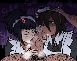 1boy 2girls big_penis blowjob cock_worship deep_blowjob deepthroat double_fellatio erect_penis erection face_fucking fellatio femsub hairy hairy_male hand_on_head harir head_grab heathcliff_(limbus_company) huge_cock hyper hyper_penis irrumatio large_penis licking licking_penis limbus_company maid maid_apron maid_headdress maid_outfit maid_uniform maledom musk musk_clouds musky musky_cock nelly_(limbus_company) open_mouth oral oral_penetration oral_sex project_moon pubic_hair pushing red_eyes ryoshu_(limbus_company) steam steaming_body thick_penis threesome throat_barrier thrusting thrusting_into_mouth tongue tongue_out tsutsunotsumi veiny_penis