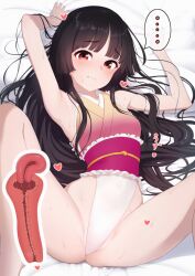 ... armpits bed black_hair blunt_bangs closed_mouth commentary_request cross_section female from_above highres hime_cut houraisan_kaguya kozuka_yasushi leotard looking_at_viewer lying m_legs on_back red_eyes smile solo spread_legs touhou touhou_tag_dream wrestling_outfit