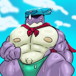 bara biceps big_chest big_pecs big_thighs bodybuilder brawl_stars chest dinosaur gay happy_trail huge_chest huge_pecs huge_thighs lizardman muscular pecs pierce_(brawl_stars) pubic_hair speedo thick_thighs yaoi