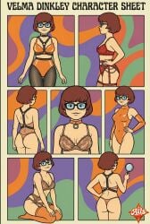1960s 1970s abstract_background ai_generated bondage chains character_sheet collar fashion fetish fetish_wear garter_belt garter_straps glasses groovy harness kneeling kneeling_female lace latex leotard magnifying_glass mystery_inc nylons pantyhose posing posing_for_the_viewer pvc scooby-doo sexy sexy_pose stockings thong velma_dinkley