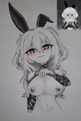 1girls areolae bandages big_breasts breasts_out bunny_ears deathvae female female_only heart_eyes nipples reference_image roblox roblox_avatar robloxian self_upload solo spot_color tagme traditional_media_(artwork) white_hair