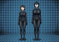 2girls abs ai_generated black_hair black_latex blue_hair brainwashing breasts collar female female_focus female_only femsub glowing glowing_eyes glowing_white_eyes grid_background hypnosis hypnotized_female large_breasts latex latex_bodysuit latex_clothing latex_skinsuit latex_suit laurie_lowell looking_at_viewer maddie_kim medium_breasts mind_control multiple_females multiple_girls multiple_subs muscular_female pantheon_(series) rubber rubber_bodysuit rubber_clothing rubber_suit short_hair skin_tight skin_tight_suit standing tech_control white_eyes whitewash_eyes zupern0va_(manipper)