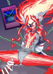 absurdres bondage bound breasts censored chains cleavage clothing_cutout colored_skin cum cum_on_clothes duel_monster electricity elemental_(creature) energy energy_girl energy_hair enmo_takeshita eye_mask female fiendish_chain highres jacket lightning_elemental lightning_hair mask mechanical_ears penis red_skin small_breasts spread_legs spright_elf stomach_cutout white_jacket yu-gi-oh!