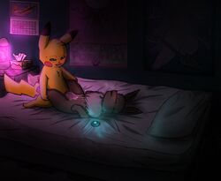 2017 after_sex animal_genitalia animal_penis bed blush closed_eyes cum detailed_background duo eevee female feral feral_on_feral fur holy_undine jason_the_pikachu lava_lamp luna_the_eevee lying male monochrome nintendo on_back on_bed open_mouth penis pikachu pillow pokémon_(species) pokemon rymherdier straight video_games