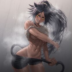 ai_generated bath bathing bathroom bleach shihouin_yoruichi wet wet_body wet_clothes wet_clothing wet_hair wet_pussy wet_skin