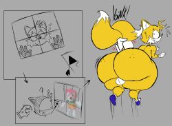 2_tails amy_rose anthro ass balls big_ass big_butt blue_clothing blue_footwear blue_shoes bra canid canine clothing cross-popping_vein dorkzone dumptruck_ass duo eulipotyphlan female femboy footwear fox freckled_butt freckled_face freckles genitals gloves handwear hedgehog hi_res huge_ass huge_butt hyper_ass large_ass male male_focus mammal miles_prower miles_tails_prower nervous nervous_smile plushie sega shoes sonic_(series) sonic_the_hedgehog_(series) tail tail_pull tails_the_fox underwear window yellow_body