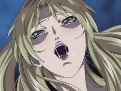 00s 1girls 2003 animated bible_black bible_black_night_of_the_walpulgiss blonde_hair blush close-up drooling enjoying_rape female high_ponytail implied_sex long_hair open_mouth ponytail purple_eyes rape saeki_kaori saliva shaking_head smile solo sweat tagme teenage_female teenage_girl teenager