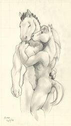 2015 anthro ass breasts cameltoe duo embrace equine female greyscale hand_on_back horse licking mammal mane monochrome nude pencil_(artwork) realistic scale_(artist) shaded simple_background standing tongue tongue_out traditional_media_(artwork) white_background yuri