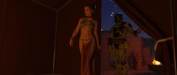 belly_dancer belly_dancer_outfit boba_fett braided_hair braided_ponytail brown_hair enslaved_royal harem_girl harem_outfit loincloth long_hair mandalorian_armor princess_leia_organa slave slave_bikini slave_collar slave_girl slave_leia slave_outfit star_wars tent