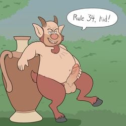 balls belly blueballs_(artist) boner dialogue disney english_text erection facial_hair goatee grass grin hercules_(disney) holding_penis hooves horn looking_at_viewer male male_only navel nude penis phil philoctetes pot_(disambiguation) satyr smile solo text