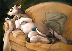 2014 antelope anthro barely_visible_genitalia breasts cloven_hooves female fur hooves inside lying mammal nude on_side piercing pubes realistic scale_(artist) sofa solo subtle_pussy traditional_media_(artwork) voluptuous