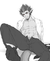 1boy abs aragawa_no_aruji beard cachic facial_hair feet looking_at_viewer male male_focus male_only muscle pointy_ears socks solo_male unbuttoned