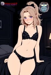 1boy ai_generated balls bed bedroom bikini blonde_hair bra bulge bulge_through_clothing crossdressing embarrassed femboy flat_chest gay gay_male high_resolution highres ilfb imminent_rape imminent_sex long_hair looking_away more_at_source on_bed original original_character otoko_no_ko panties purple_eyes shy solo solo_focus standing testicles tied tied_hair trap