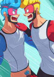 2boys against_wall arms_(game) blonde_hair blue_hair gay kemukemuke male male_only mask multiple_boys nintendo penis pubic_hair tagme undressing yaoi