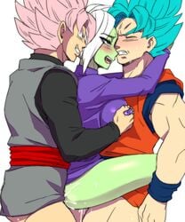 1girls 2boys anal anal_sex blush bottomless breast_grab carrying clenched_teeth cum cum_in_ass cum_in_pussy cum_inside cumdrip double_penetration dragon_ball dragon_ball_super female female_zamasu goddess goku_black green_skin happy_sex lifting male mohawk muscle naughty_face penetration rule_63 selfcest sex silver_hair smile son_goku straight super_saiyan_blue super_saiyan_rose sweat teba_motoko teeth threesome time_ring vaginal_penetration white_hair wince zamasu